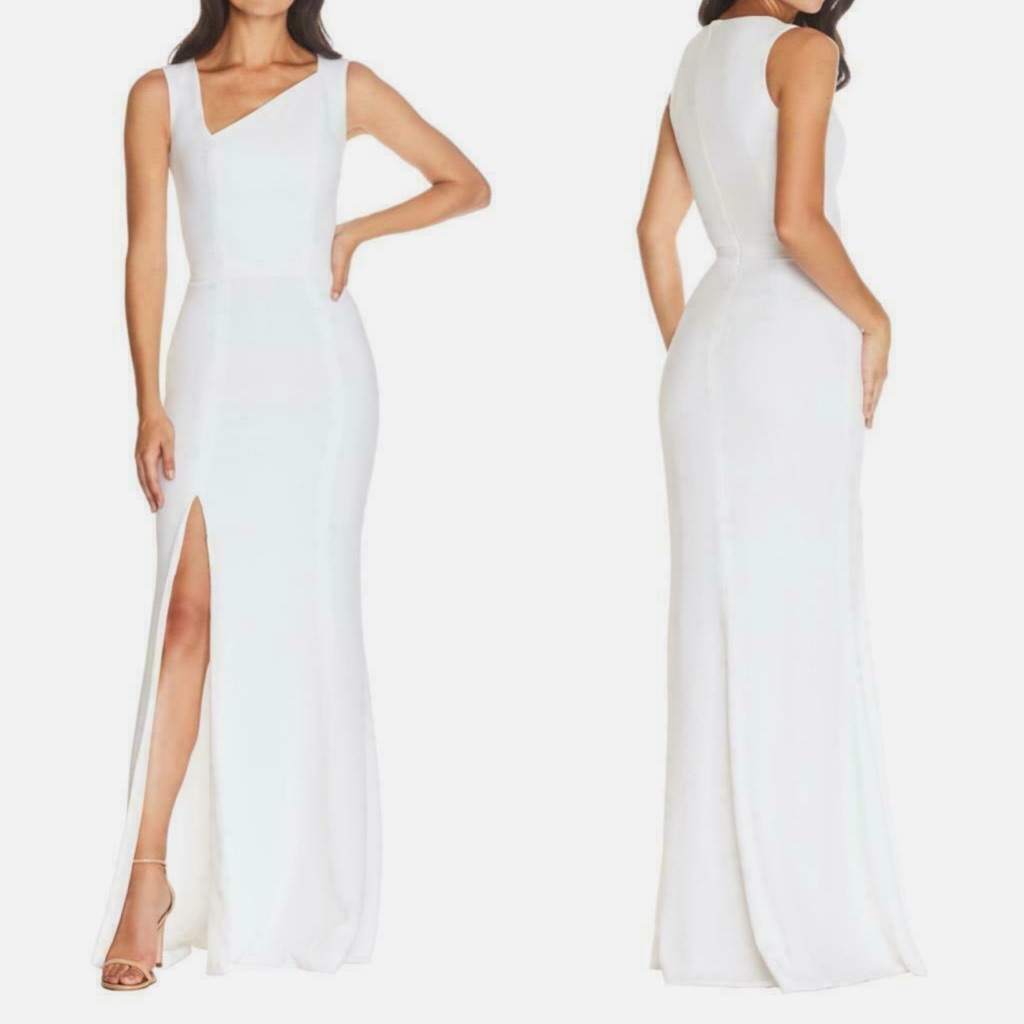 Dress The Population Helena Asymmetrical Neck Off White Evening Gown Dress